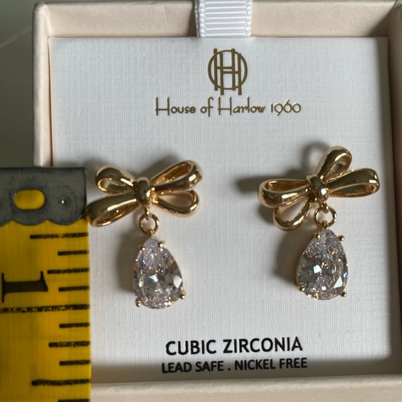 House Of Harlow 1960 Bow Cubic Zirconia Earrings Gold Tone NEW In Gift Box - Picture 8 of 9